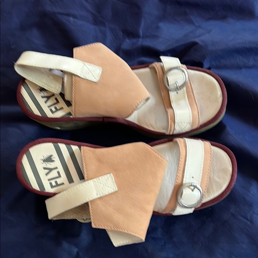 Fly London Tan Cream Sandals with Flat Soles